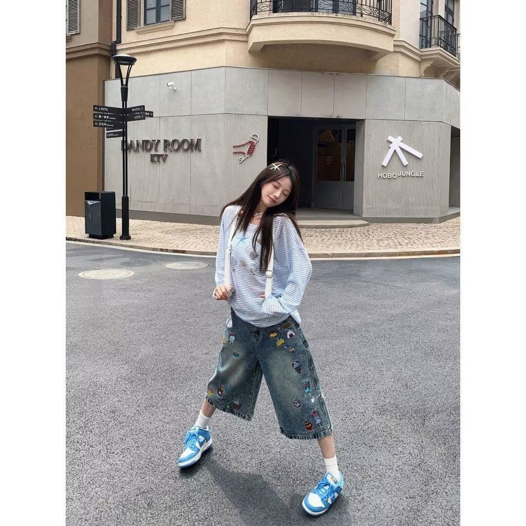 아메리칸 레트로 재미있는 만화 자수 데님 7부 바지 남녀 거리 바람 낙서 블루 루즈핏 스트레이트 중 반바지 상세 이미지 3