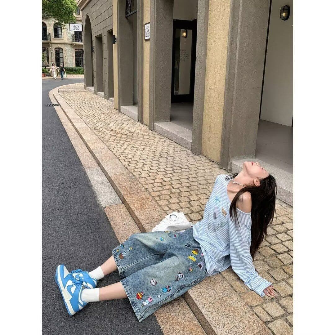 아메리칸 레트로 재미있는 만화 자수 데님 7부 바지 남녀 거리 바람 낙서 블루 루즈핏 스트레이트 중 반바지 상세 이미지 5