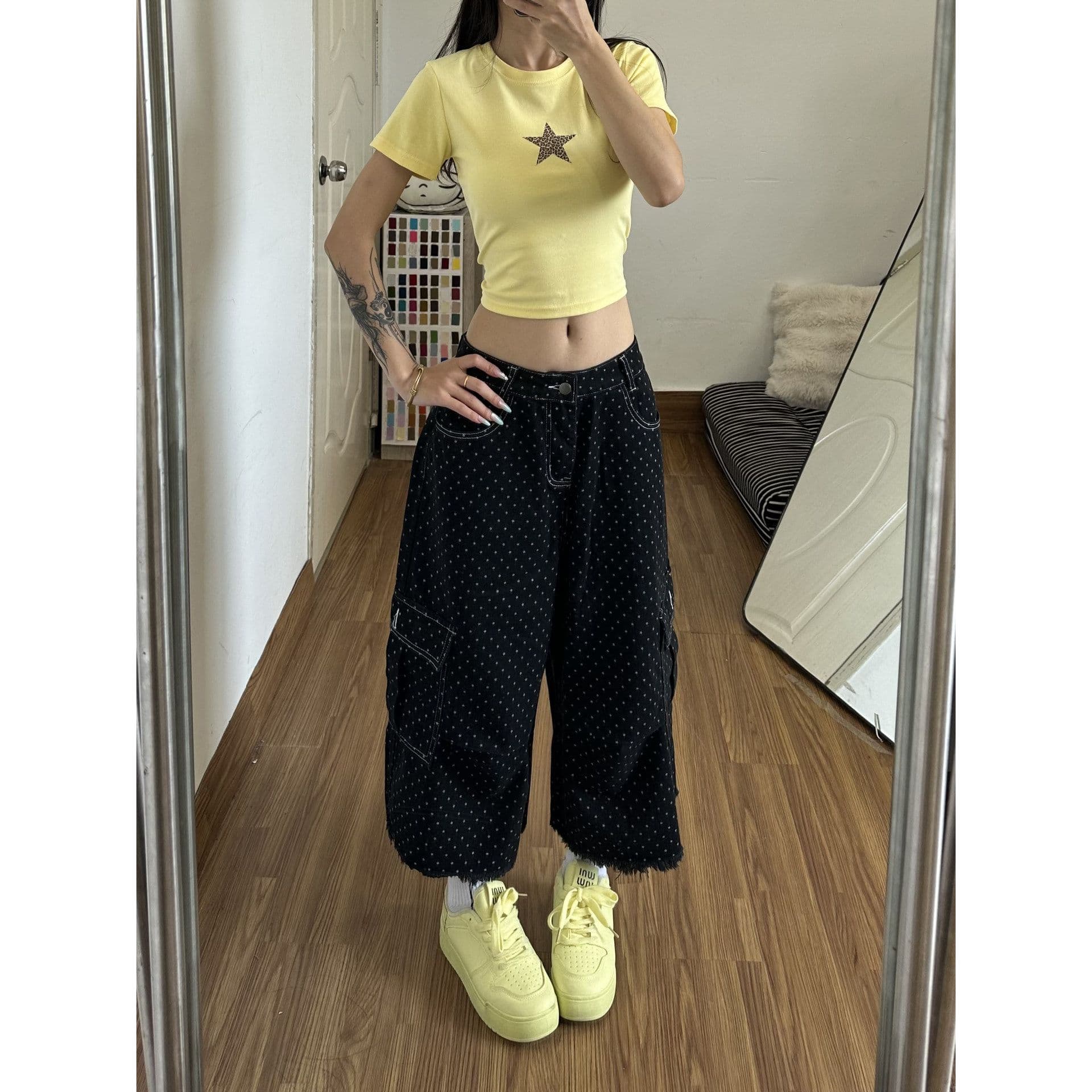 도트 무늬 빅 포켓 7 점 데님 와이드 레깅스 바지 2026 여름 개성 트렌드 하이웨이스트 캐주얼 워크웨어 바람 반바지