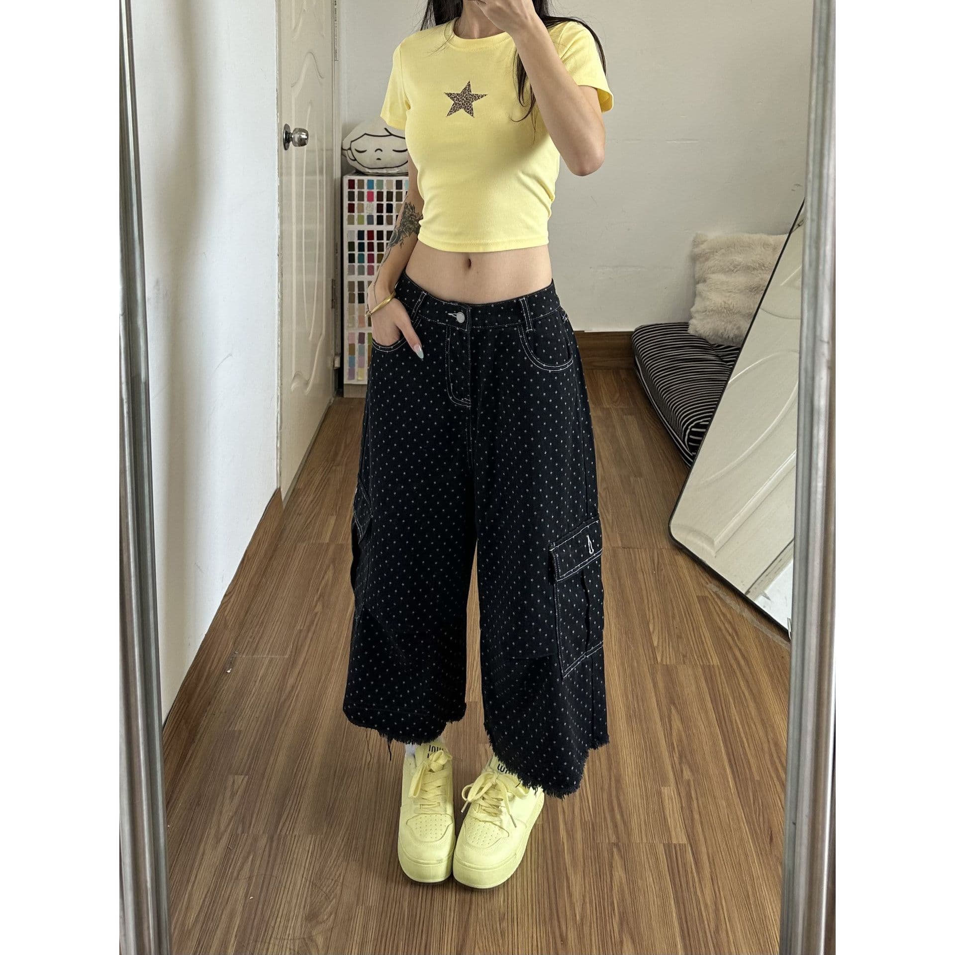 도트 무늬 빅 포켓 7 점 데님 와이드 레깅스 바지 2026 여름 개성 트렌드 하이웨이스트 캐주얼 워크웨어 바람 반바지 이미지 3