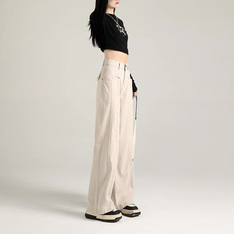 아메리칸 쌀 살구 색상 데님 워크웨어 팬츠 여성 가을 새로운 하이웨이스트 루즈핏 넓은 다리 슬림해 보이는 스트레이트 캐주얼 롱 바지