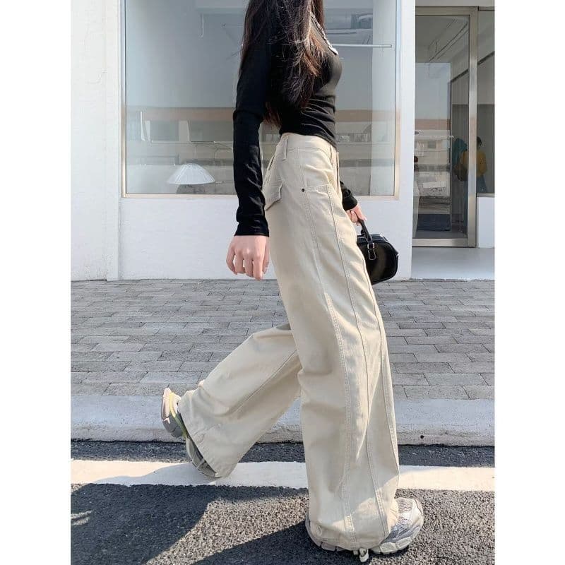 느긋한 바람 살구 색상 넓은 다리 청바지 여성 가을 새로운 루즈핏 느슨함 센스 워크웨어 팬츠 다용도 스트레이트 바닥 청소 바지 이미지 2