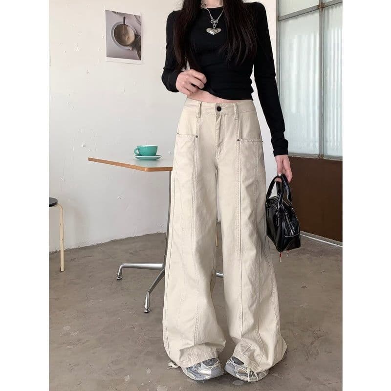 느긋한 바람 살구 색상 넓은 다리 청바지 여성 가을 새로운 루즈핏 느슨함 센스 워크웨어 팬츠 다용도 스트레이트 바닥 청소 바지