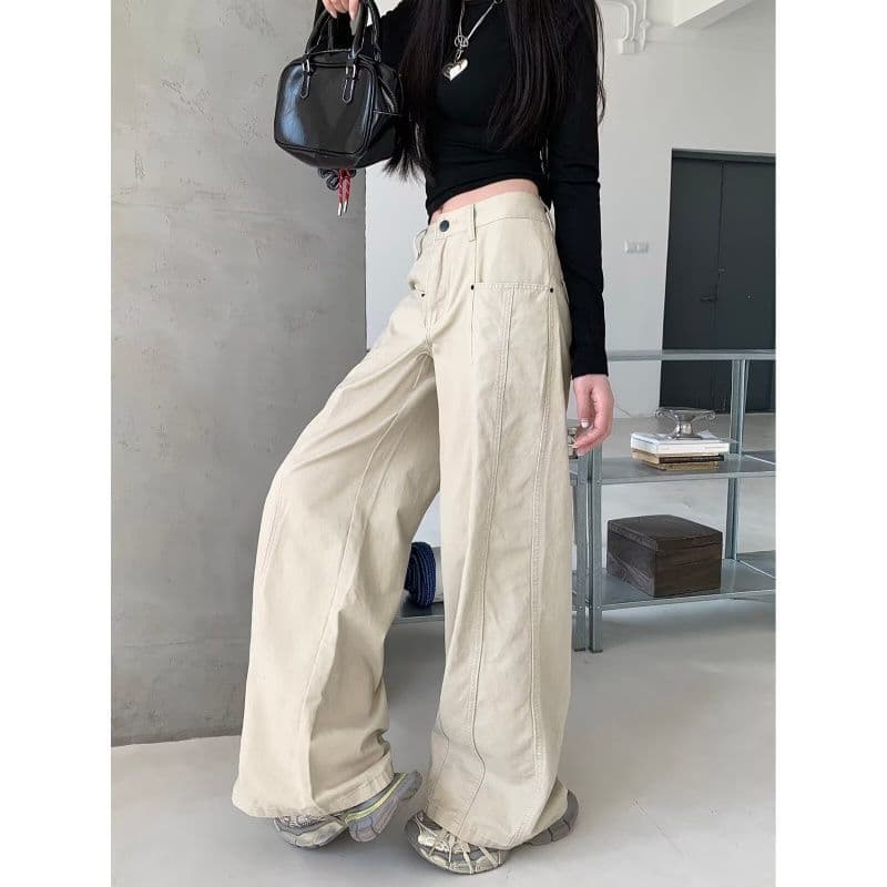 느긋한 바람 살구 색상 넓은 다리 청바지 여성 가을 새로운 루즈핏 느슨함 센스 워크웨어 팬츠 다용도 스트레이트 바닥 청소 바지 이미지 3