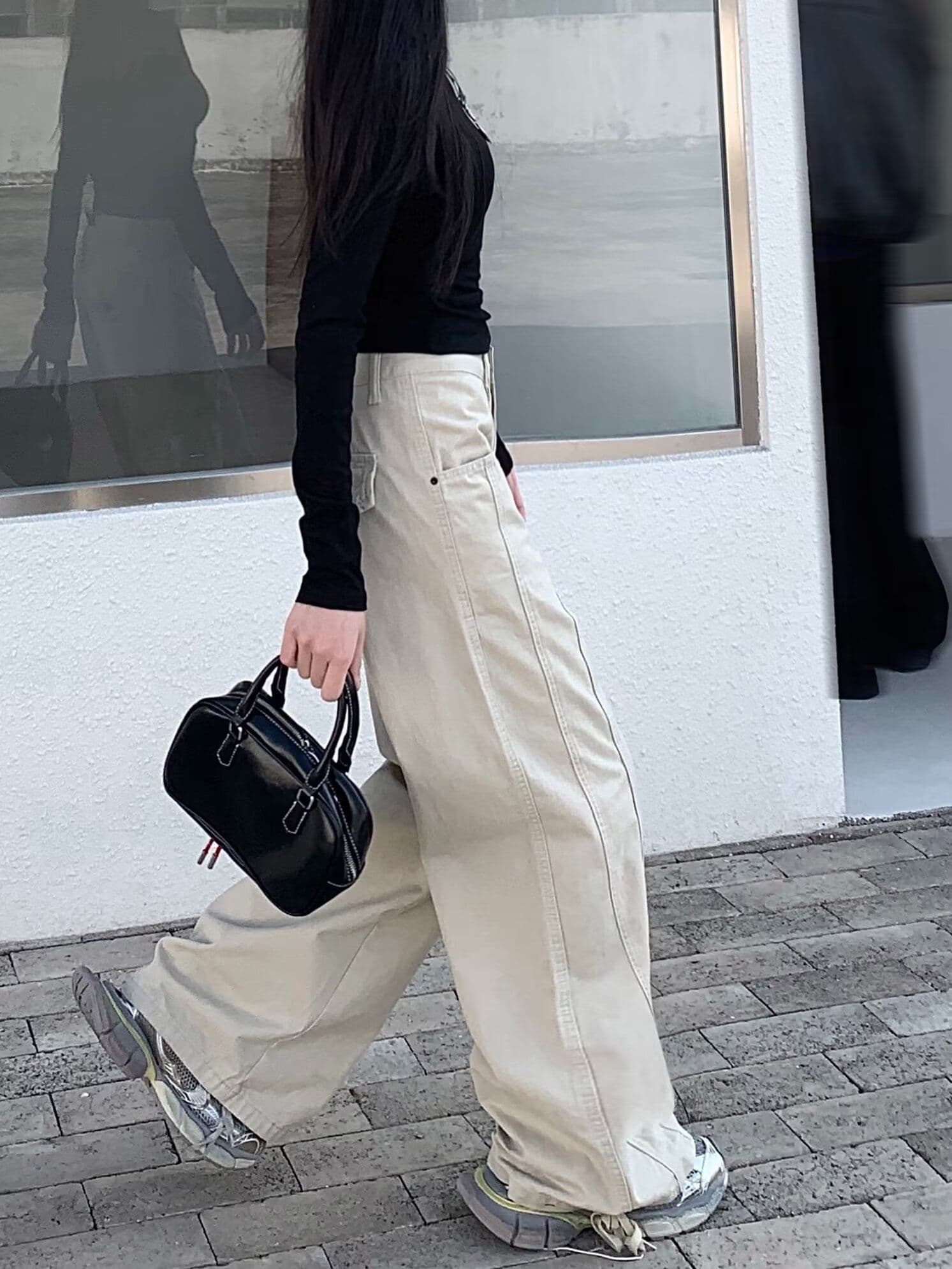 느긋한 바람 살구 색상 넓은 다리 청바지 여성 가을 새로운 루즈핏 느슨함 센스 워크웨어 팬츠 다용도 스트레이트 바닥 청소 바지 상세 이미지 3