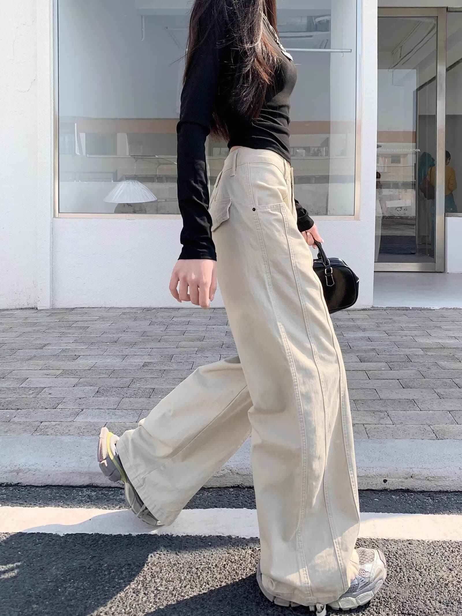 느긋한 바람 살구 색상 넓은 다리 청바지 여성 가을 새로운 루즈핏 느슨함 센스 워크웨어 팬츠 다용도 스트레이트 바닥 청소 바지 상세 이미지 6