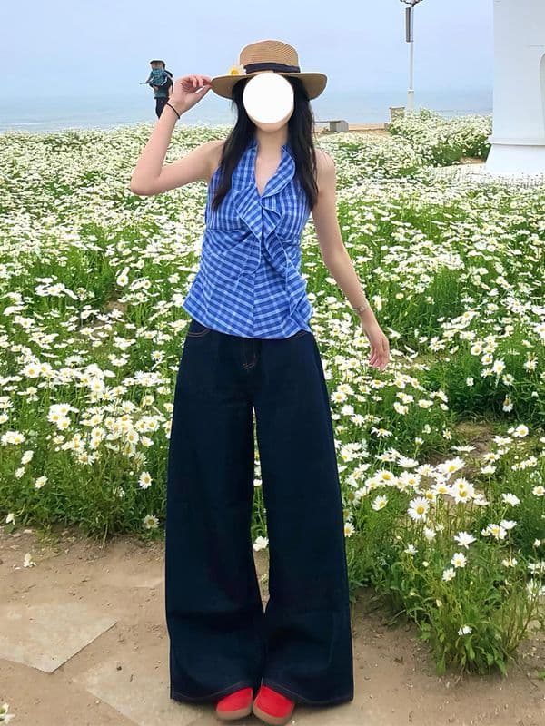 미니멀리즘 레트로 진한 파란색 하이웨이스트 넓은 다리 청바지 여성 여름 새로운 달콤한 자매 루즈핏 슬림해 보이는 바닥 청소 롱 바지