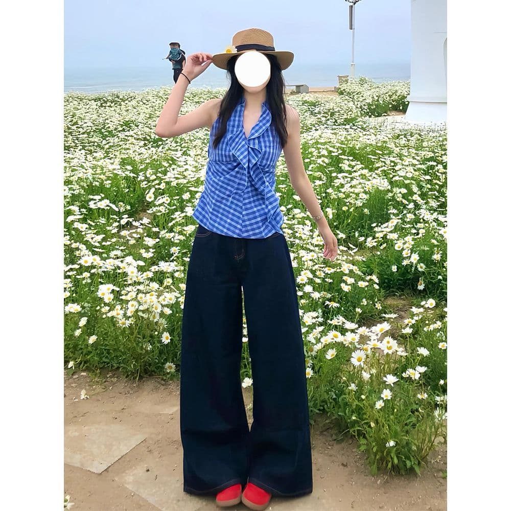 미니멀리즘 레트로 진한 파란색 하이웨이스트 넓은 다리 청바지 여성 여름 새로운 달콤한 자매 루즈핏 슬림해 보이는 바닥 청소 롱 바지 상세 이미지 2