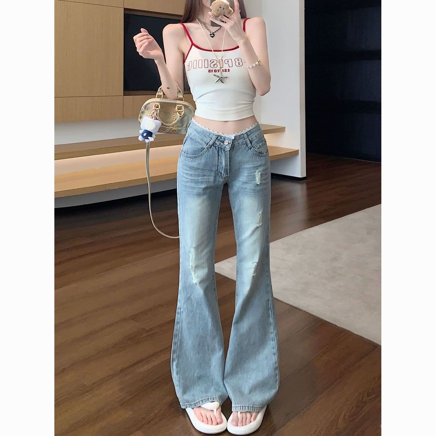 워싱 패치워크 청바지 부츠컷 청바지 여성 새로운 레이스 로우 웨이스트 슬림해 보이는 핫걸 호스 슈 바지