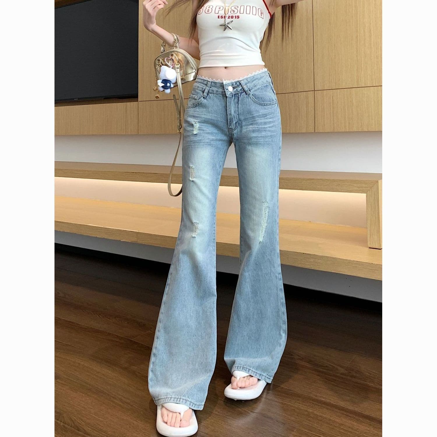 워싱 패치워크 청바지 부츠컷 청바지 여성 새로운 레이스 로우 웨이스트 슬림해 보이는 핫걸 호스 슈 바지 상세 이미지 4