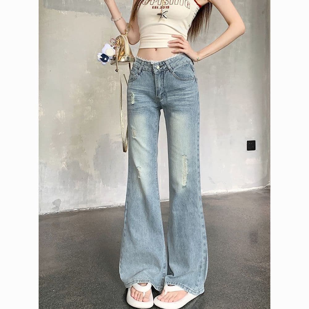 워싱 패치워크 청바지 부츠컷 청바지 여성 새로운 레이스 로우 웨이스트 슬림해 보이는 핫걸 호스 슈 바지 상세 이미지 6