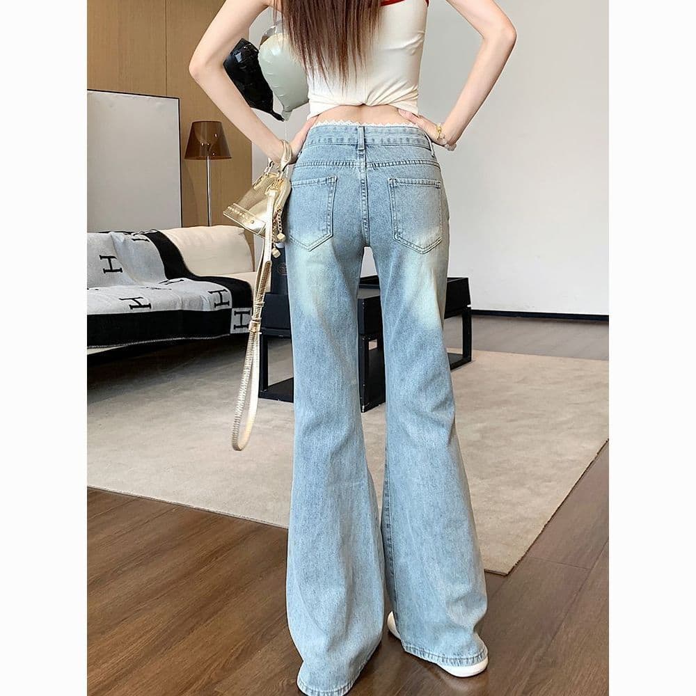 워싱 패치워크 청바지 부츠컷 청바지 여성 새로운 레이스 로우 웨이스트 슬림해 보이는 핫걸 호스 슈 바지 상세 이미지 7
