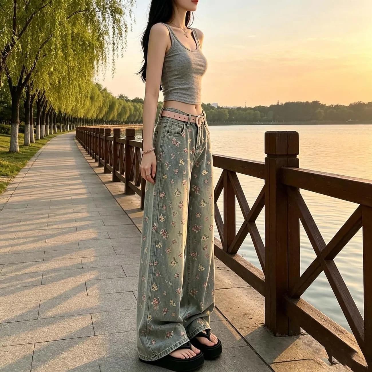 가을 폭발 아메리칸 레트로 꽃무늬 청바지 여성 2026 하이웨이스트 슬림해 보이는 스트레이트 팬츠 도루 센스 바닥 청소 롱 바지 상세 이미지 4