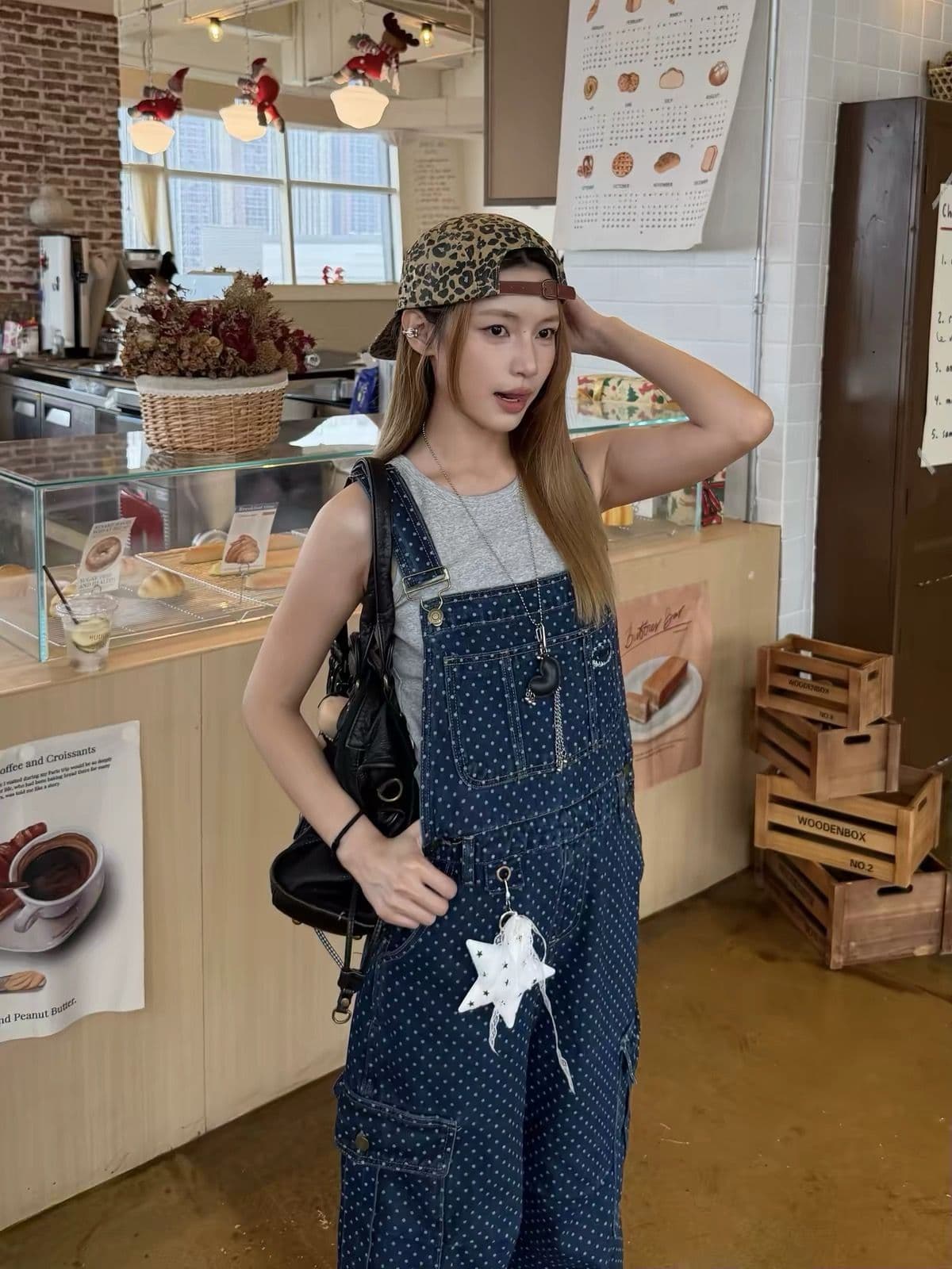 아메리칸 레트로 도트 무늬 워크웨어 멜빵 바지 여성 봄 가을 루즈핏 캐주얼 높음 거리 스트레이트 올인원 넓은 다리 길이 바지 조수 브랜드 상세 이미지 4