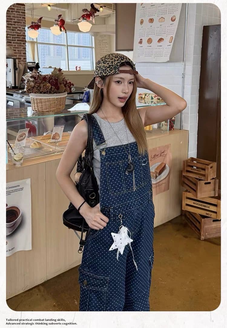 아메리칸 레트로 도트 무늬 워크웨어 멜빵 바지 여성 봄 가을 루즈핏 캐주얼 높음 거리 스트레이트 올인원 넓은 다리 길이 바지 조수 브랜드 상세 이미지 6