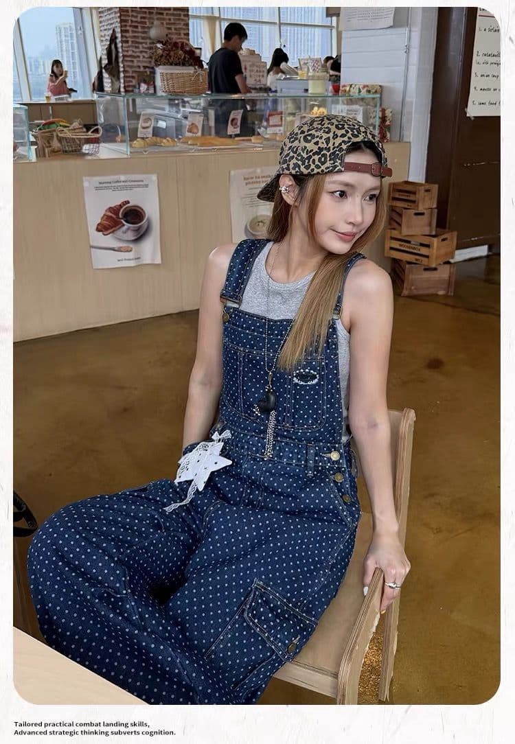아메리칸 레트로 도트 무늬 워크웨어 멜빵 바지 여성 봄 가을 루즈핏 캐주얼 높음 거리 스트레이트 올인원 넓은 다리 길이 바지 조수 브랜드 상세 이미지 7