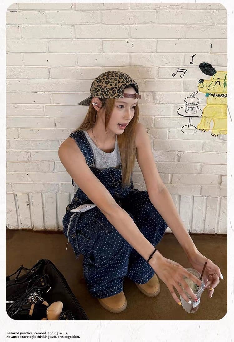 아메리칸 레트로 도트 무늬 워크웨어 멜빵 바지 여성 봄 가을 루즈핏 캐주얼 높음 거리 스트레이트 올인원 넓은 다리 길이 바지 조수 브랜드 상세 이미지 9