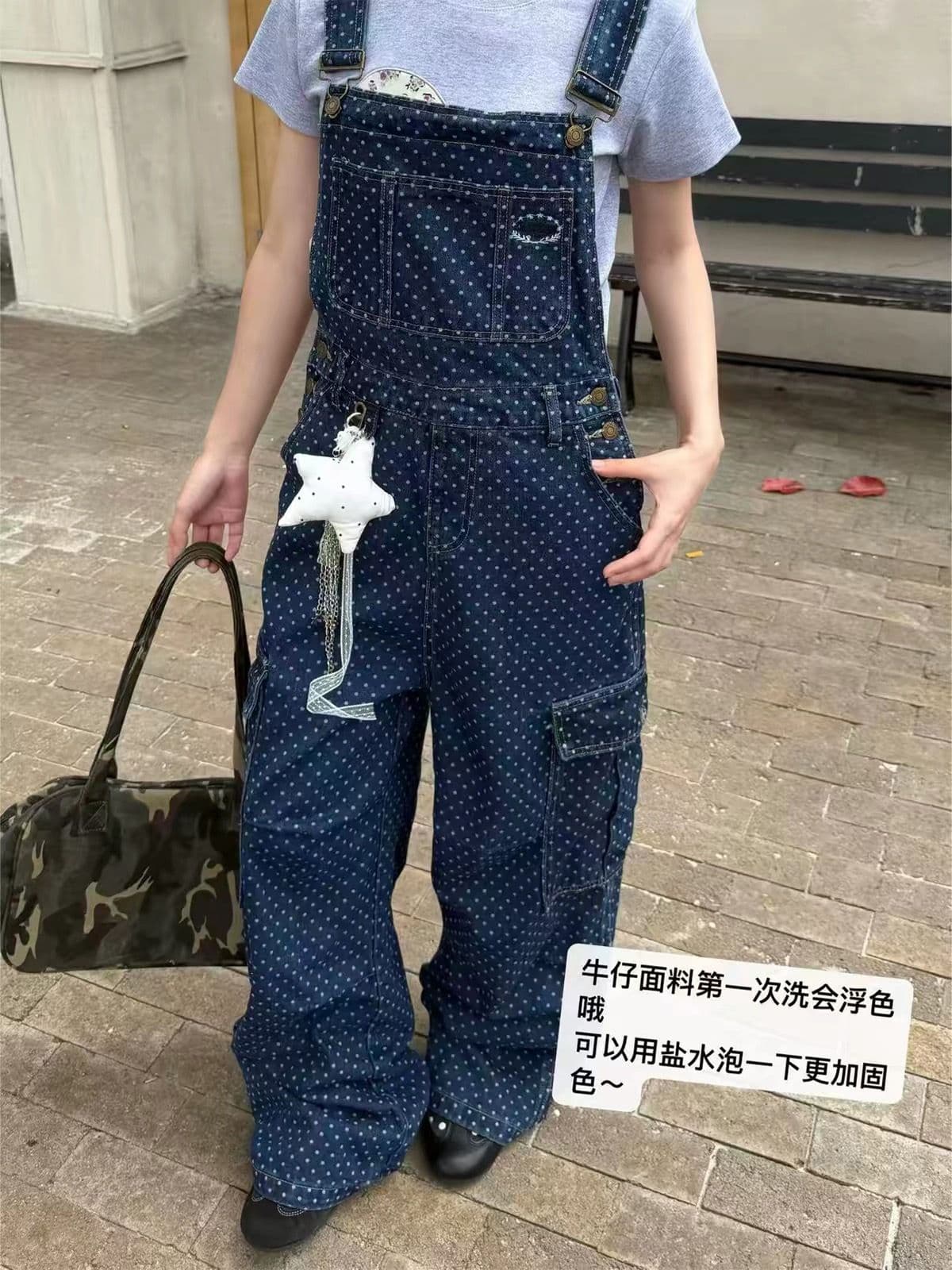 아메리칸 레트로 도트 무늬 워크웨어 멜빵 바지 여성 봄 가을 루즈핏 캐주얼 높음 거리 스트레이트 올인원 넓은 다리 길이 바지 조수 브랜드 상세 이미지 3