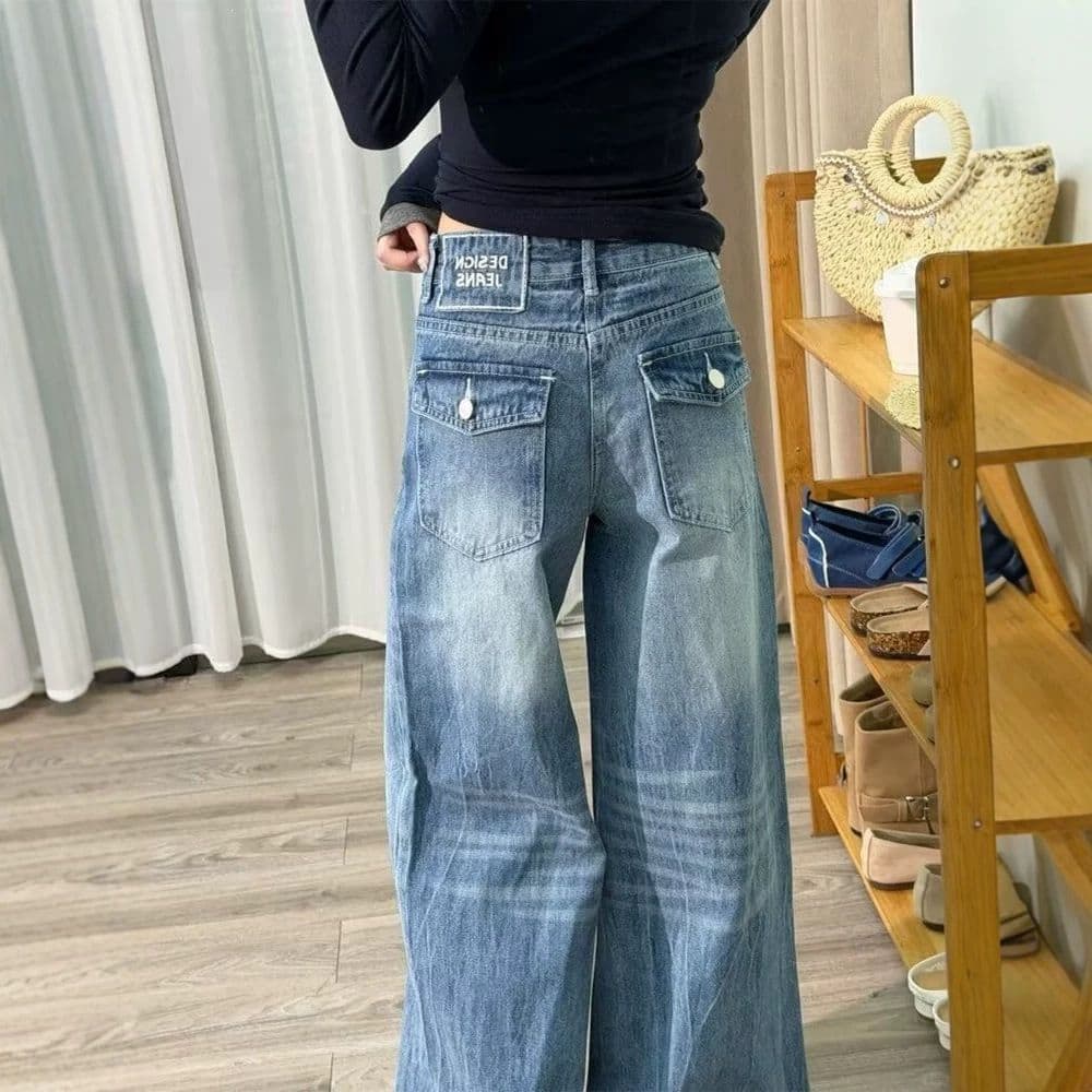 아메리칸 레트로 아니요 막대기 다리 부츠컷 넓은 다리 청바지 여성 봄 새로운 핫걸 워싱 다용도 스트레이트 바닥 청소 바지 이미지 3