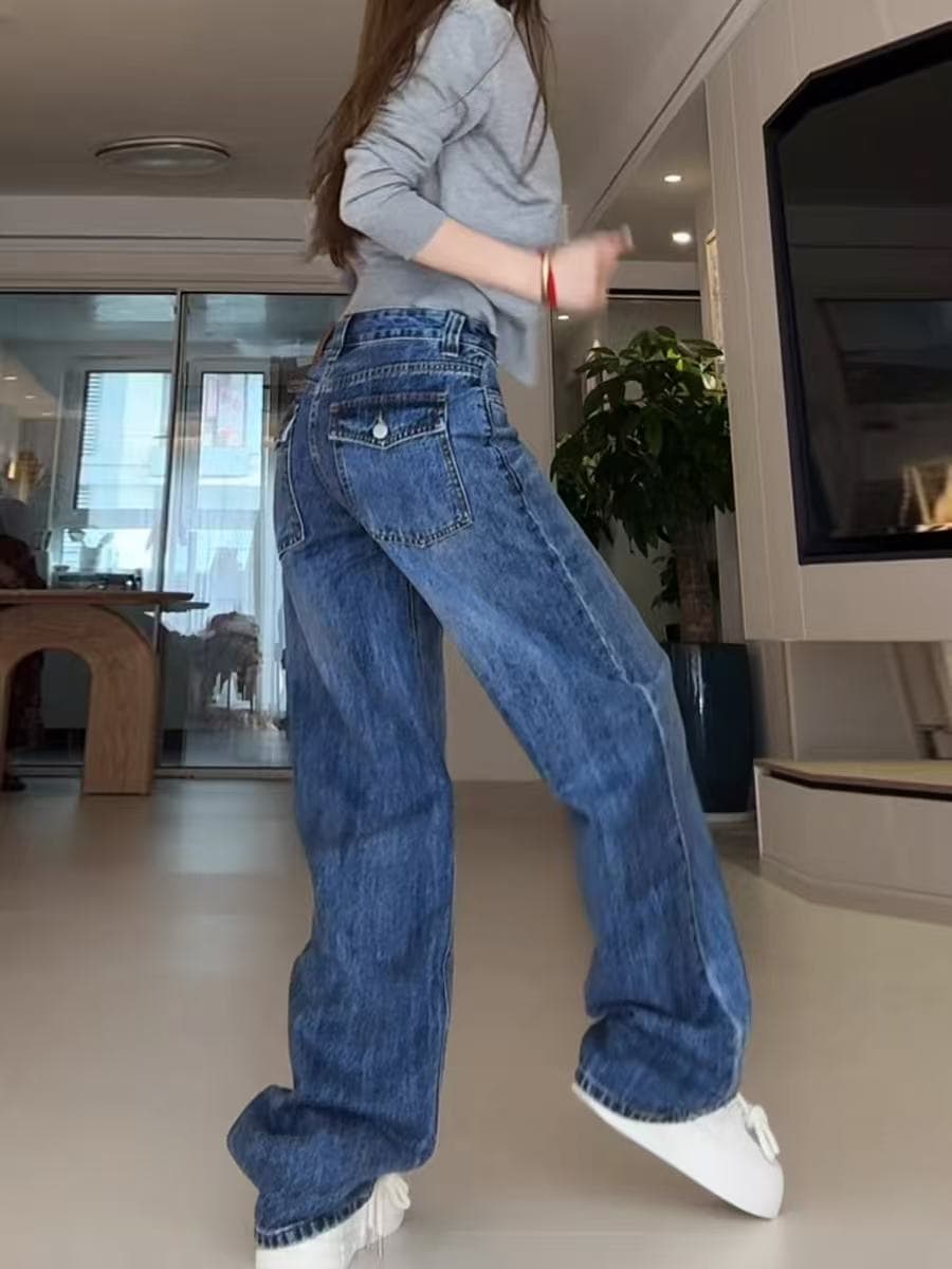 레트로 파란색 좁은 에디션 넓은 다리 청바지 여성 2026 봄 새로운 작은 키 하이웨이스트 슬림해 보이는 바닥 청소 스트레이트 팬츠 상세 이미지 2