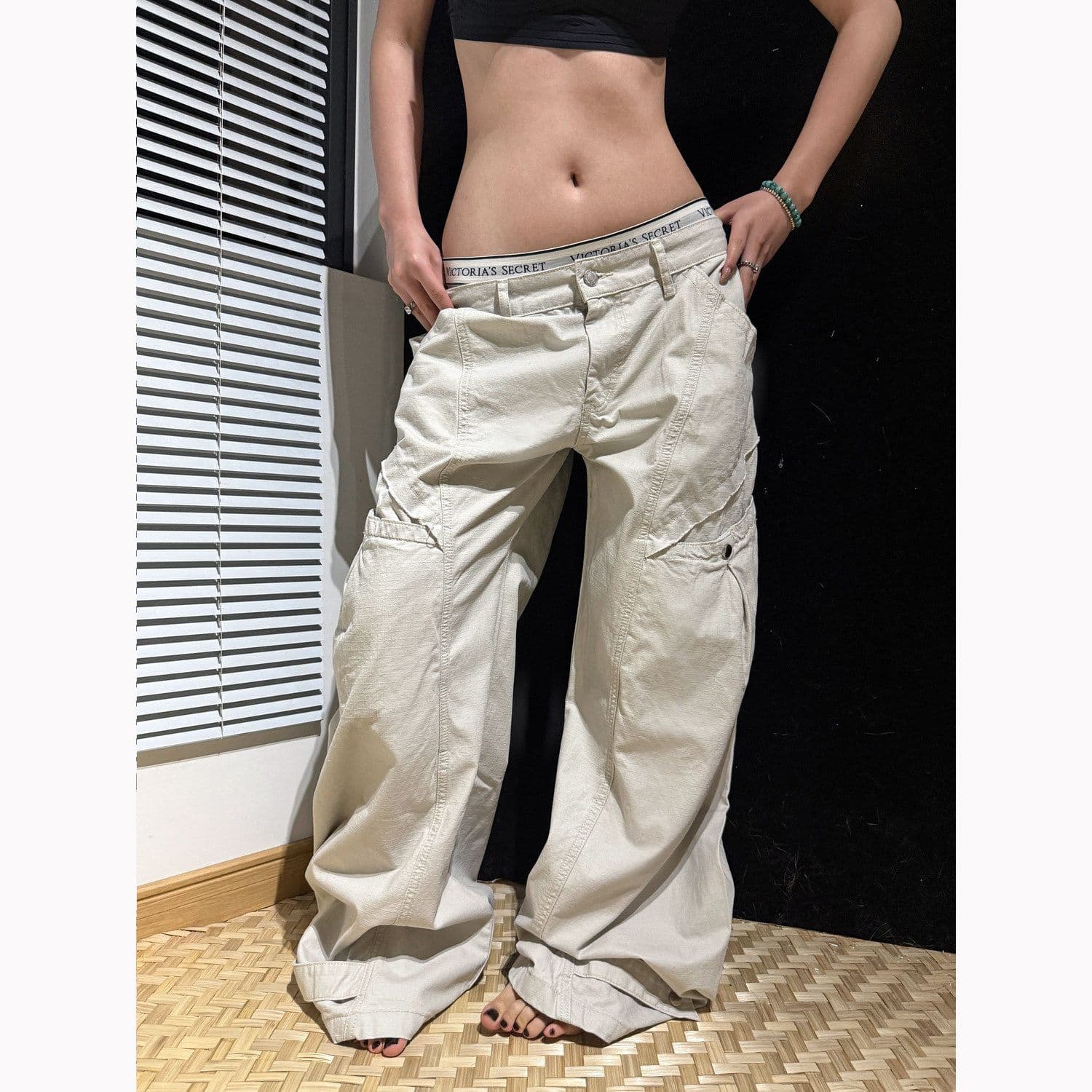 아메리칸 레트로 해체 모통이 칼 검정색 워크웨어 팬츠 남녀 루즈핏 넓은 다리 캐주얼 바지 이미지 2