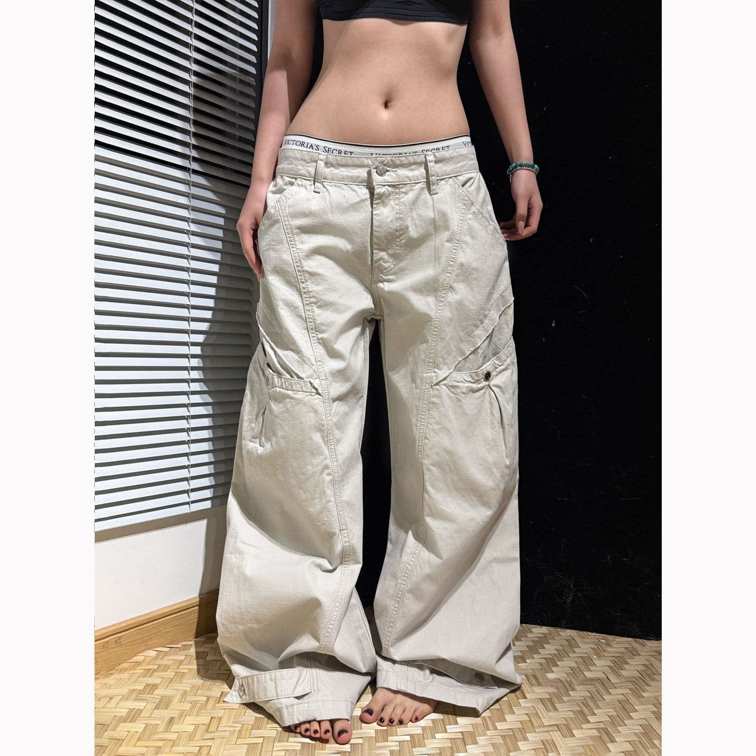아메리칸 레트로 해체 모통이 칼 검정색 워크웨어 팬츠 남녀 루즈핏 넓은 다리 캐주얼 바지 이미지 4