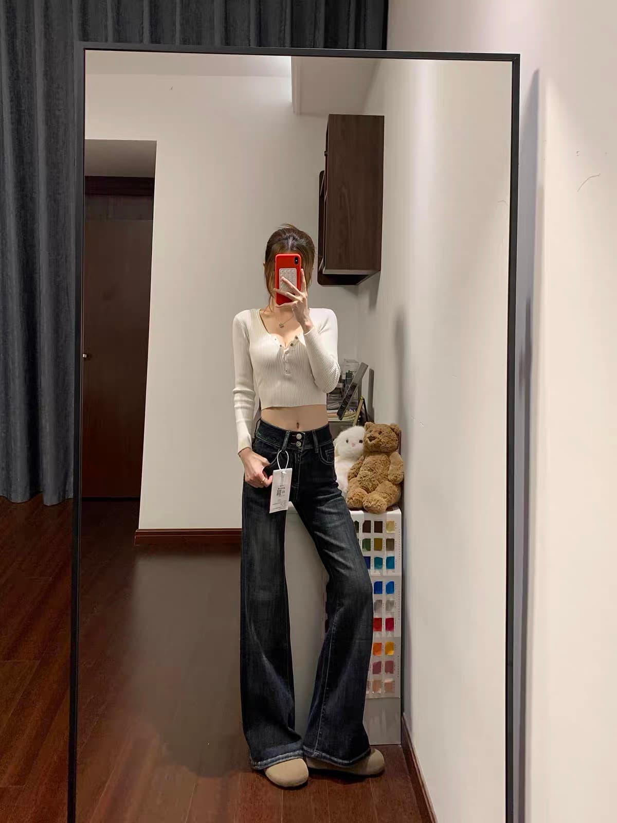 아메리칸 블루 회색 부츠컷 청바지 여성 어두운 색 2026 봄 여름 새로운 하이웨이스트 스트레이트 슬림해 보이는 나팔 바지 상세 이미지 3