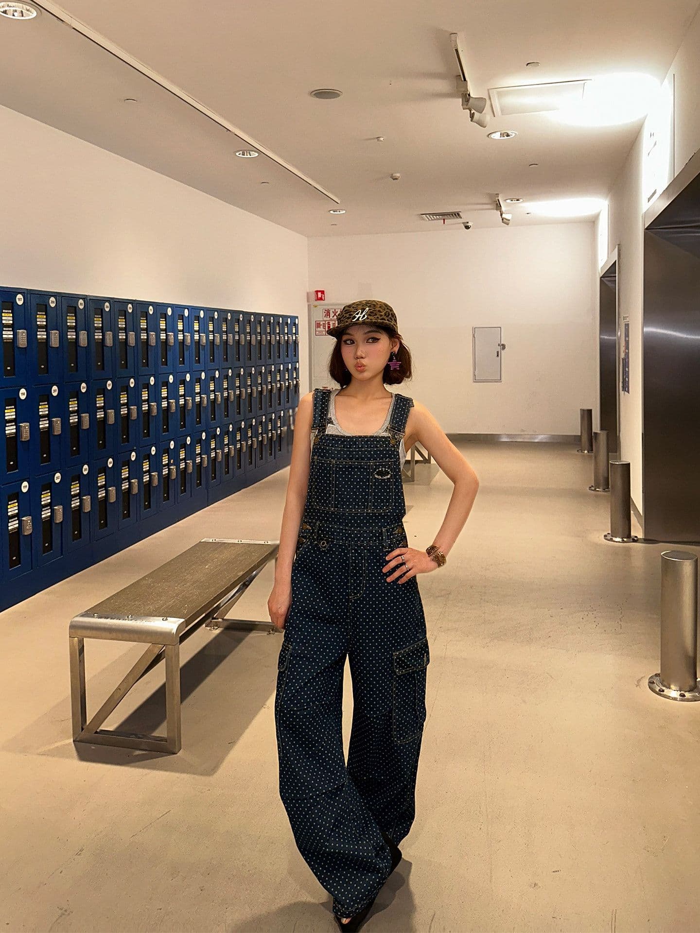 아메리칸 레트로 도트 무늬 워크웨어 멜빵 바지 여성 봄 가을 루즈핏 캐주얼 높음 거리 스트레이트 올인원 넓은 다리 길이 바지 조수 브랜드 상세 이미지 4