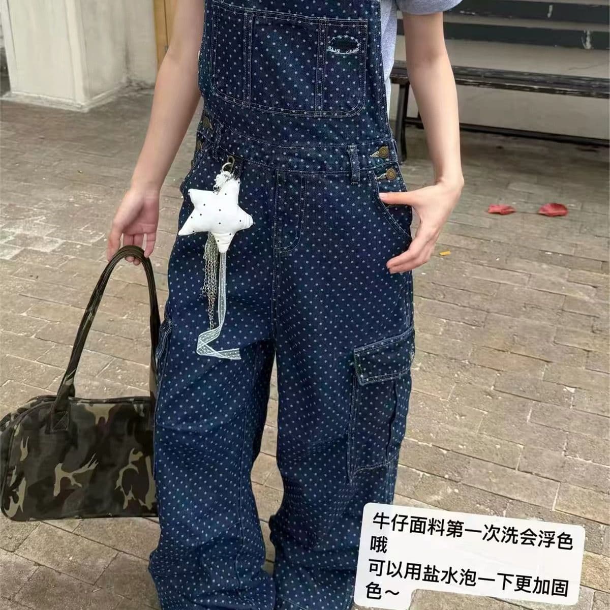 아메리칸 레트로 도트 무늬 워크웨어 멜빵 바지 여성 봄 가을 루즈핏 캐주얼 높음 거리 스트레이트 올인원 넓은 다리 길이 바지 조수 브랜드 이미지 4