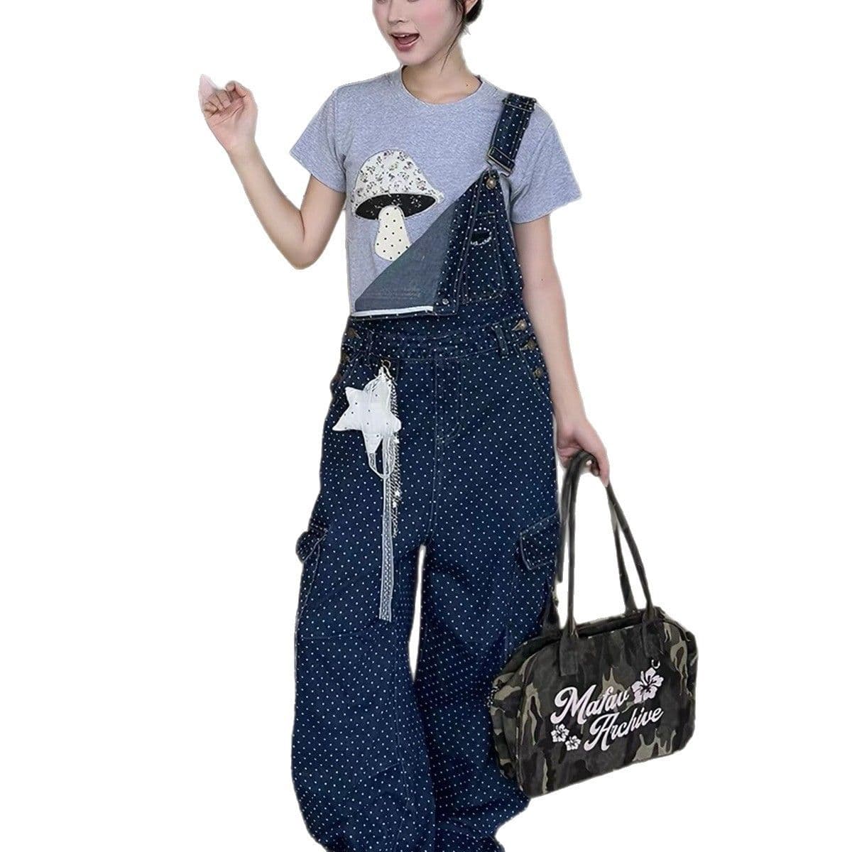 아메리칸 레트로 도트 무늬 워크웨어 멜빵 바지 여성 봄 가을 루즈핏 캐주얼 높음 거리 스트레이트 올인원 넓은 다리 길이 바지 조수 브랜드 이미지 5
