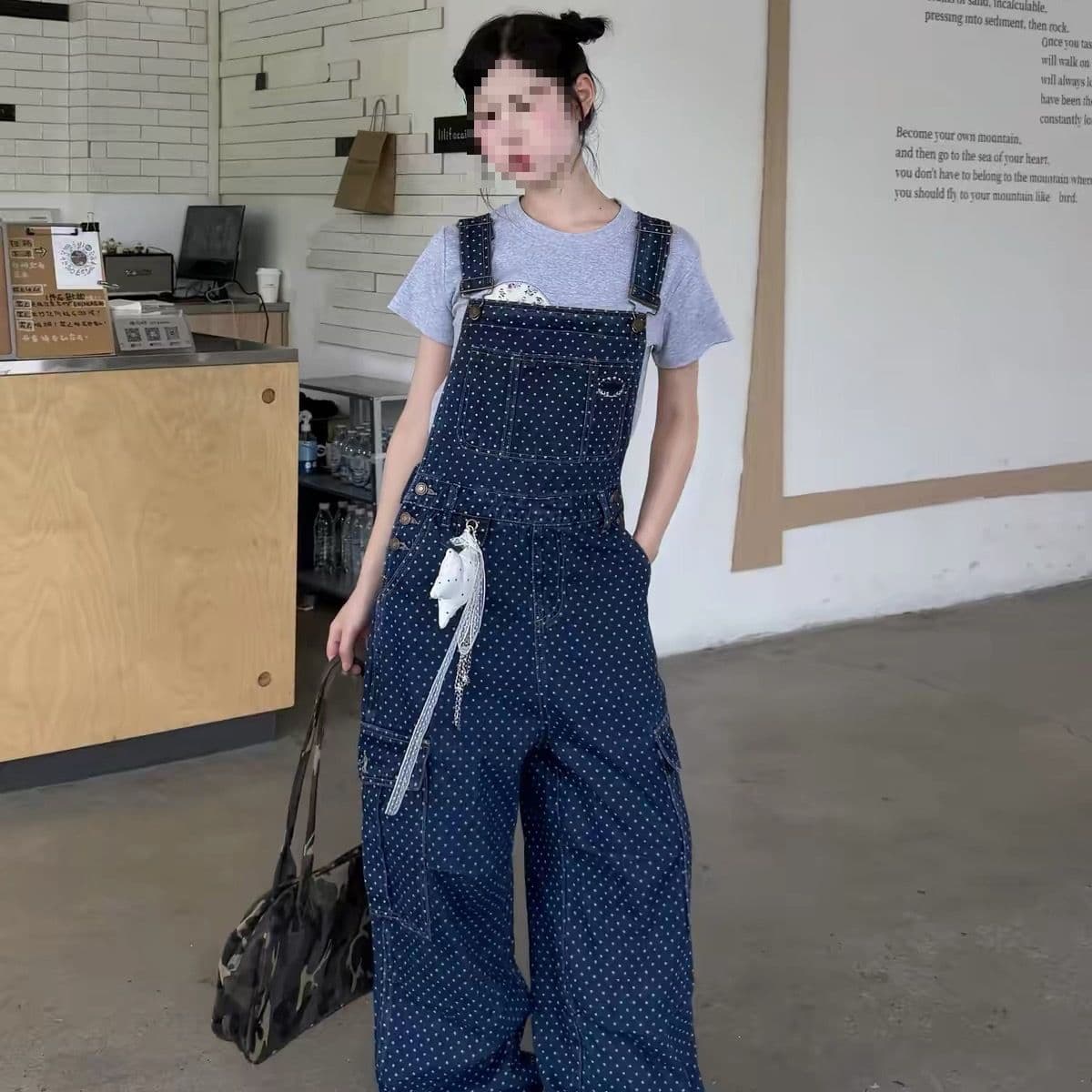 아메리칸 레트로 도트 무늬 워크웨어 멜빵 바지 여성 봄 가을 루즈핏 캐주얼 높음 거리 스트레이트 올인원 넓은 다리 길이 바지 조수 브랜드