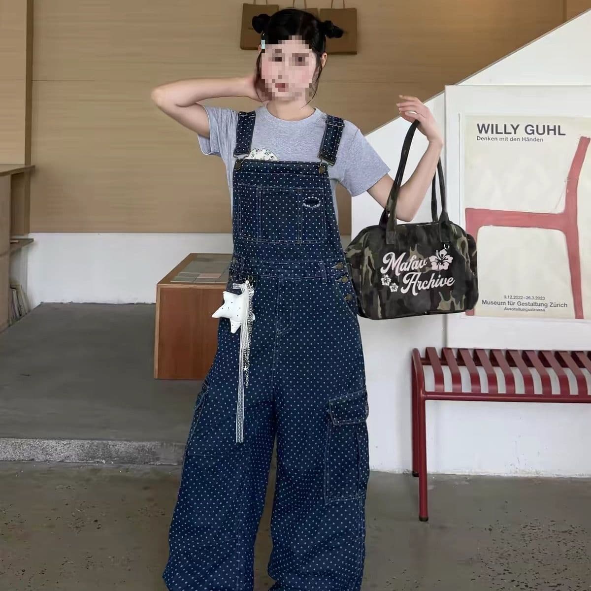 아메리칸 레트로 도트 무늬 워크웨어 멜빵 바지 여성 봄 가을 루즈핏 캐주얼 높음 거리 스트레이트 올인원 넓은 다리 길이 바지 조수 브랜드 이미지 2