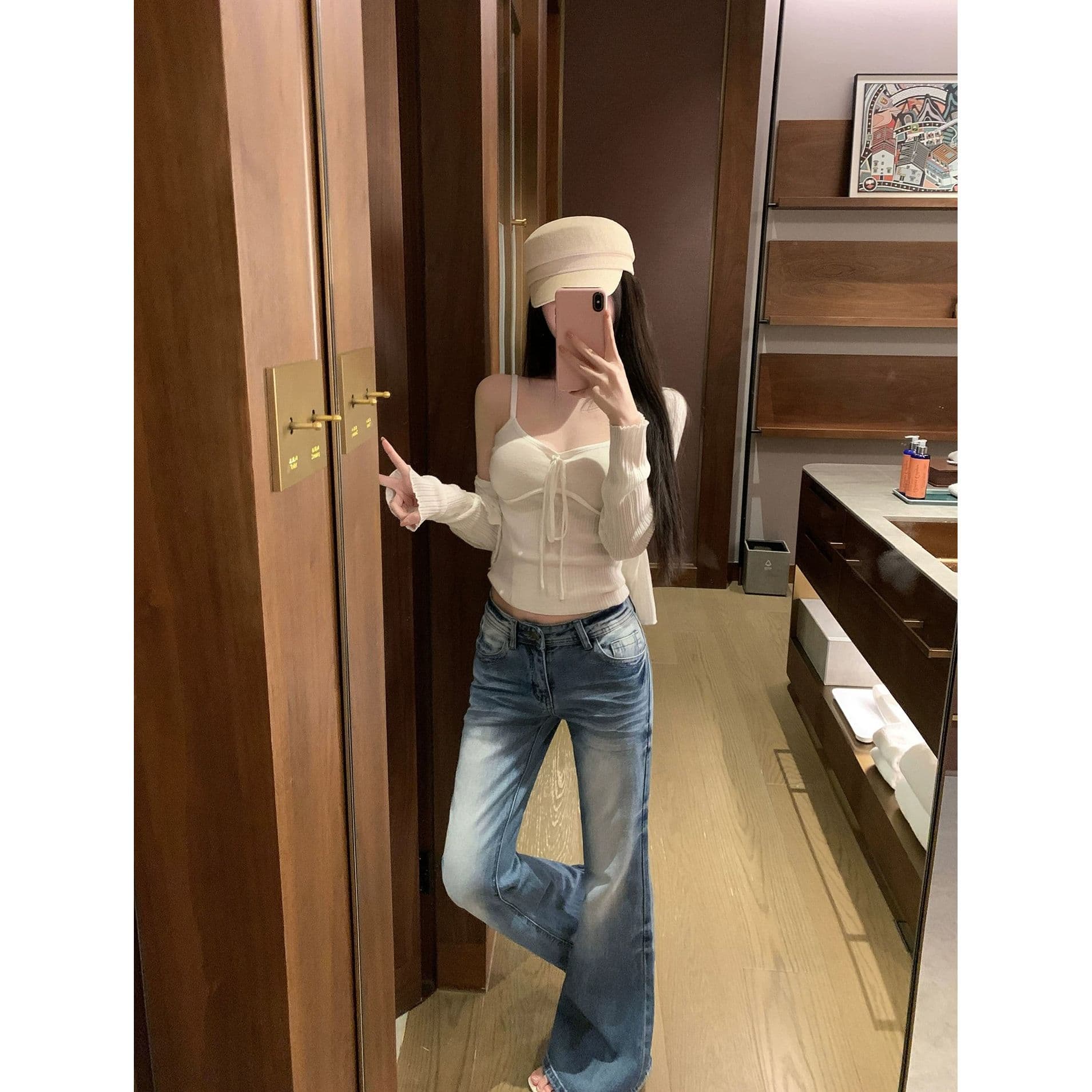 아메리칸 레트로 로우 웨이스트 부츠컷 청바지 여성 봄 가을 마 오래된 몸매 가꾸기 슬림해 보이는 디자인 센스 워싱 핫걸 바닥 청소 바지 이미지 2