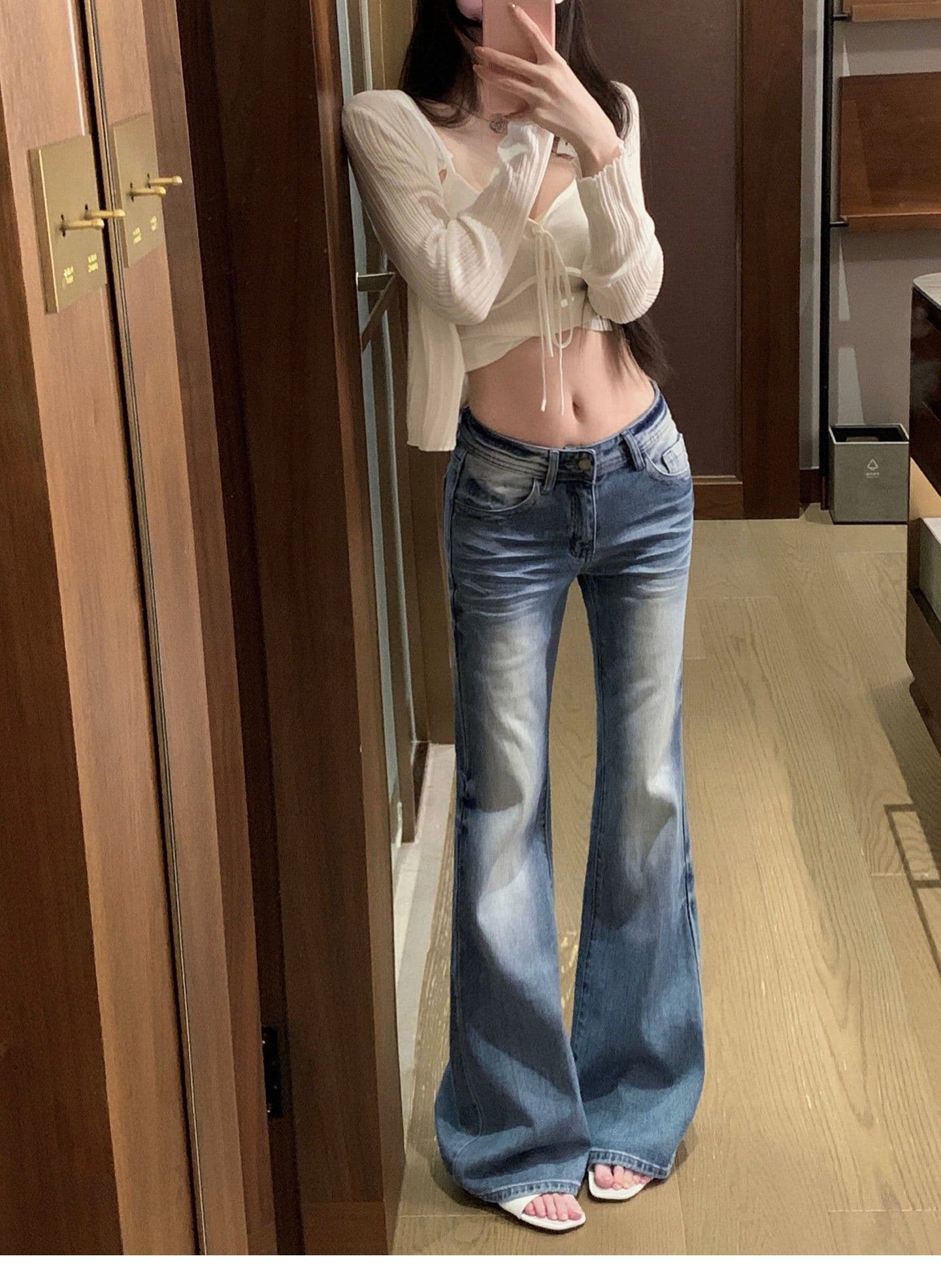 아메리칸 레트로 로우 웨이스트 부츠컷 청바지 여성 봄 가을 마 오래된 몸매 가꾸기 슬림해 보이는 디자인 센스 워싱 핫걸 바닥 청소 바지 상세 이미지 2
