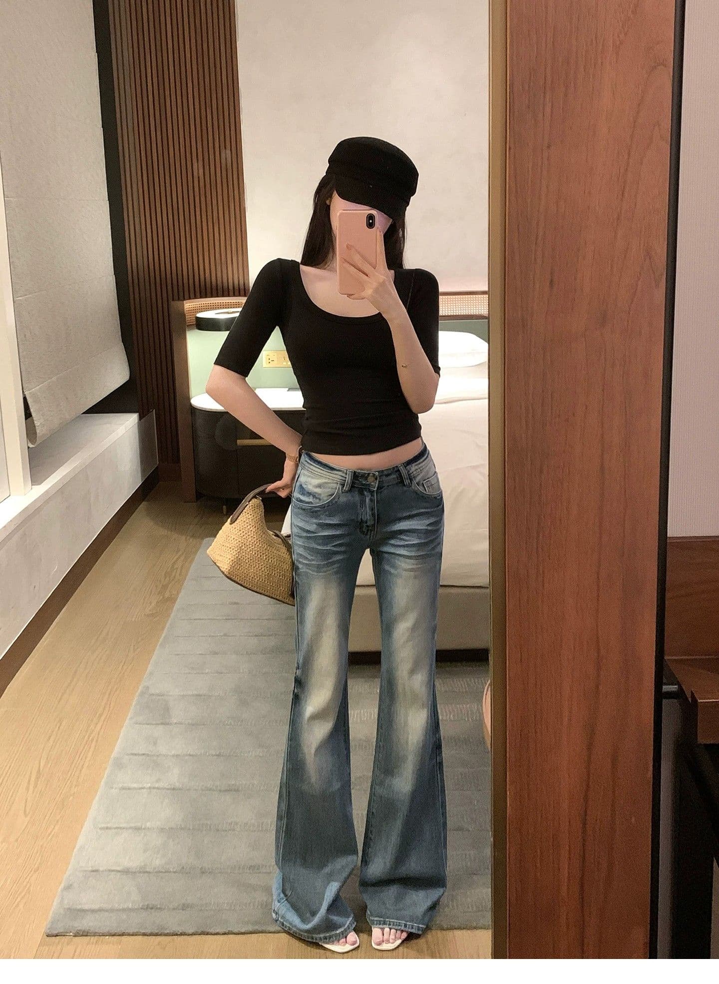 아메리칸 레트로 로우 웨이스트 부츠컷 청바지 여성 봄 가을 마 오래된 몸매 가꾸기 슬림해 보이는 디자인 센스 워싱 핫걸 바닥 청소 바지 상세 이미지 4