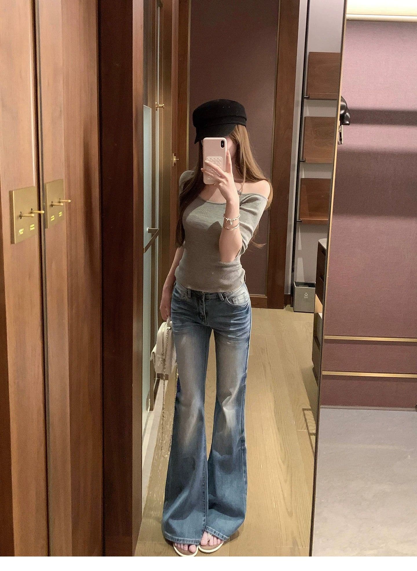 아메리칸 레트로 로우 웨이스트 부츠컷 청바지 여성 봄 가을 마 오래된 몸매 가꾸기 슬림해 보이는 디자인 센스 워싱 핫걸 바닥 청소 바지 상세 이미지 6