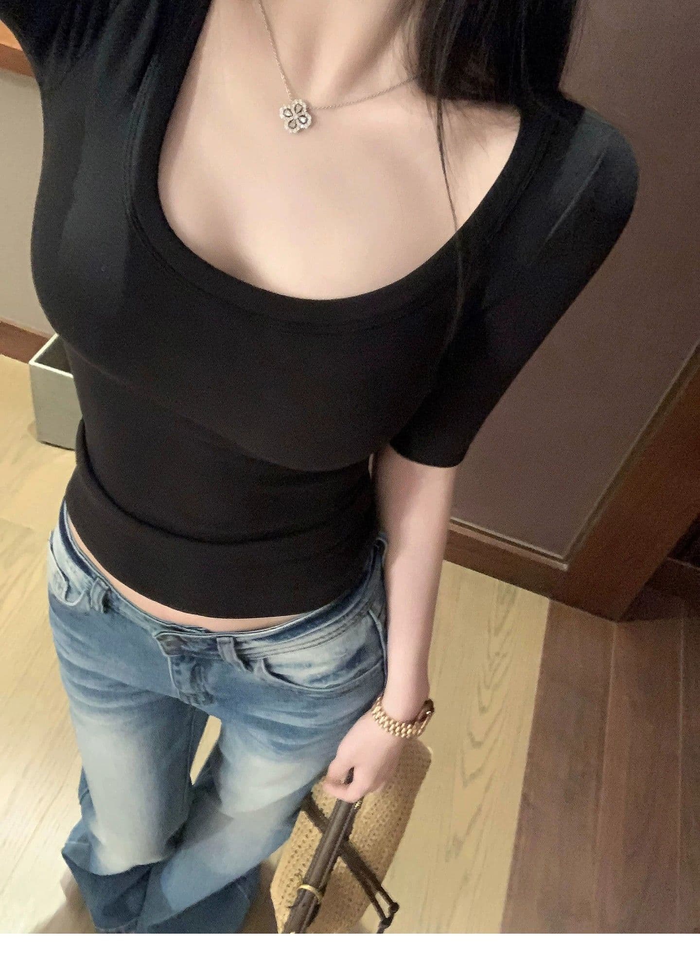 아메리칸 레트로 로우 웨이스트 부츠컷 청바지 여성 봄 가을 마 오래된 몸매 가꾸기 슬림해 보이는 디자인 센스 워싱 핫걸 바닥 청소 바지 상세 이미지 9
