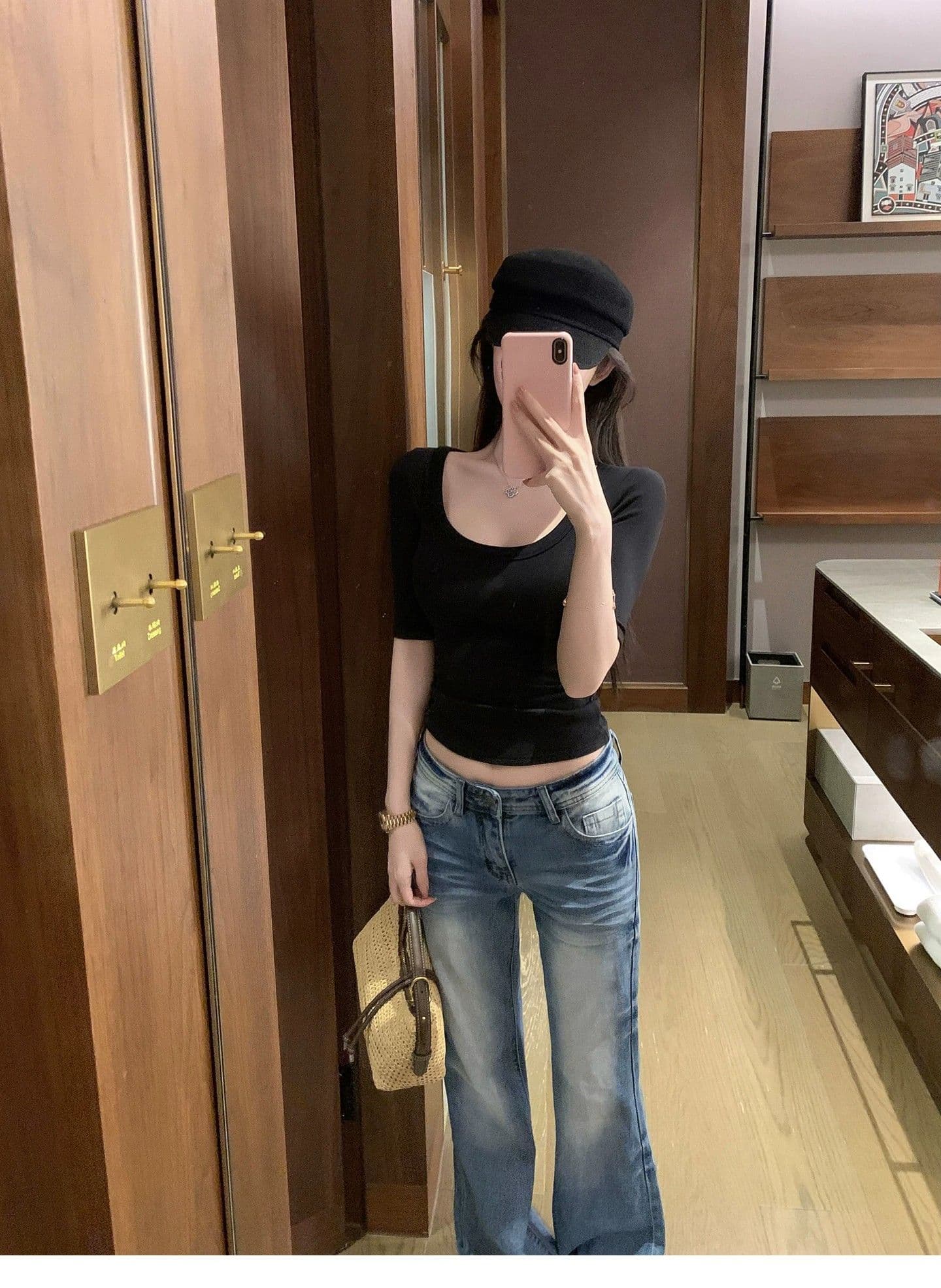 아메리칸 레트로 로우 웨이스트 부츠컷 청바지 여성 봄 가을 마 오래된 몸매 가꾸기 슬림해 보이는 디자인 센스 워싱 핫걸 바닥 청소 바지 상세 이미지 10
