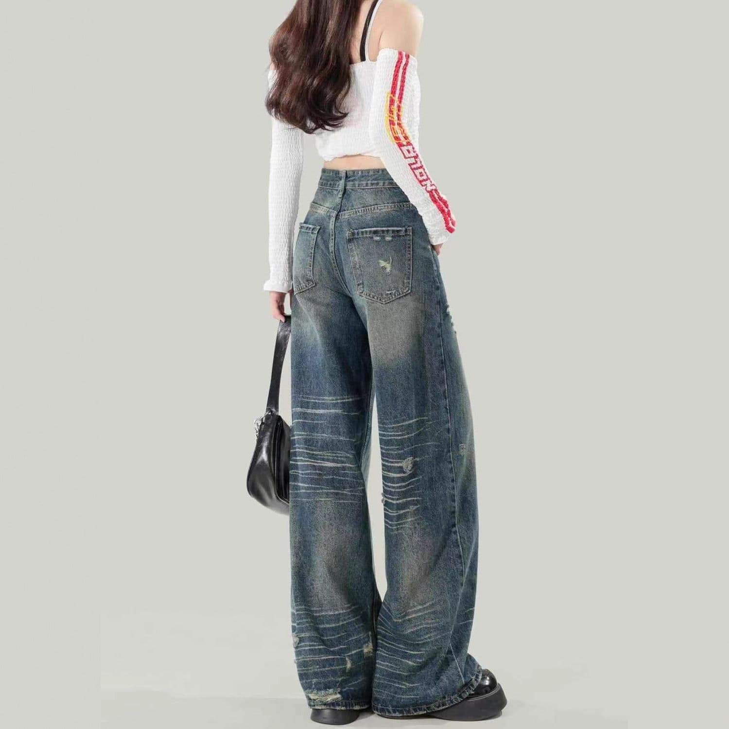 아메리칸 레트로 디자인 센스 찢어진 부분 넓은 다리 청바지 여성 여름 루즈핏 슬림해 보이는 마 오래된 스크래치 스트레이트 바닥 청소 바지 상세 이미지 2
