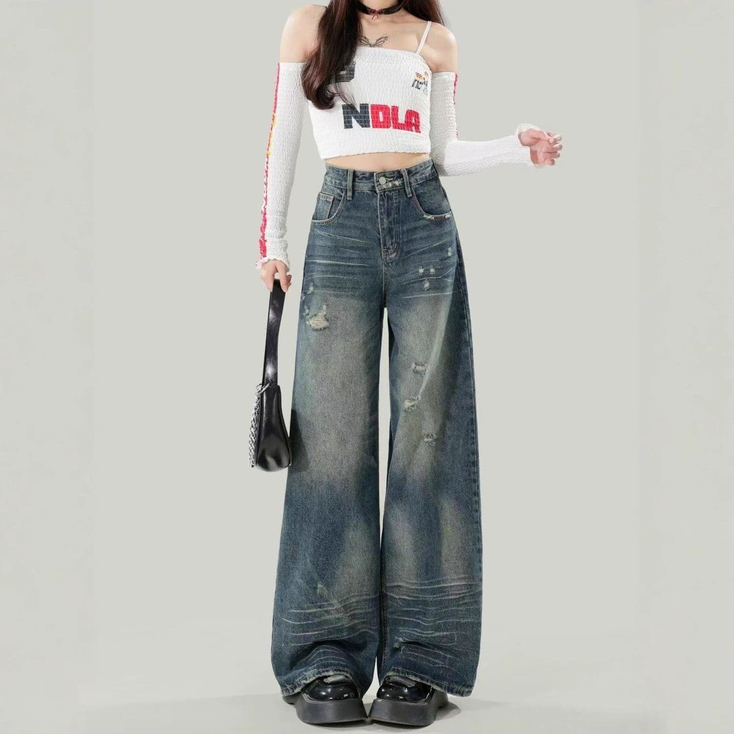 아메리칸 레트로 디자인 센스 찢어진 부분 넓은 다리 청바지 여성 여름 루즈핏 슬림해 보이는 마 오래된 스크래치 스트레이트 바닥 청소 바지 상세 이미지 3