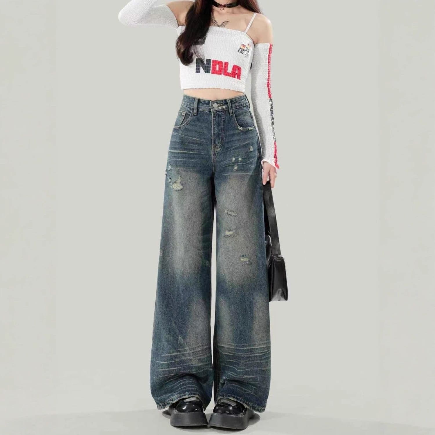 아메리칸 레트로 디자인 센스 찢어진 부분 넓은 다리 청바지 여성 여름 루즈핏 슬림해 보이는 마 오래된 스크래치 스트레이트 바닥 청소 바지 상세 이미지 5