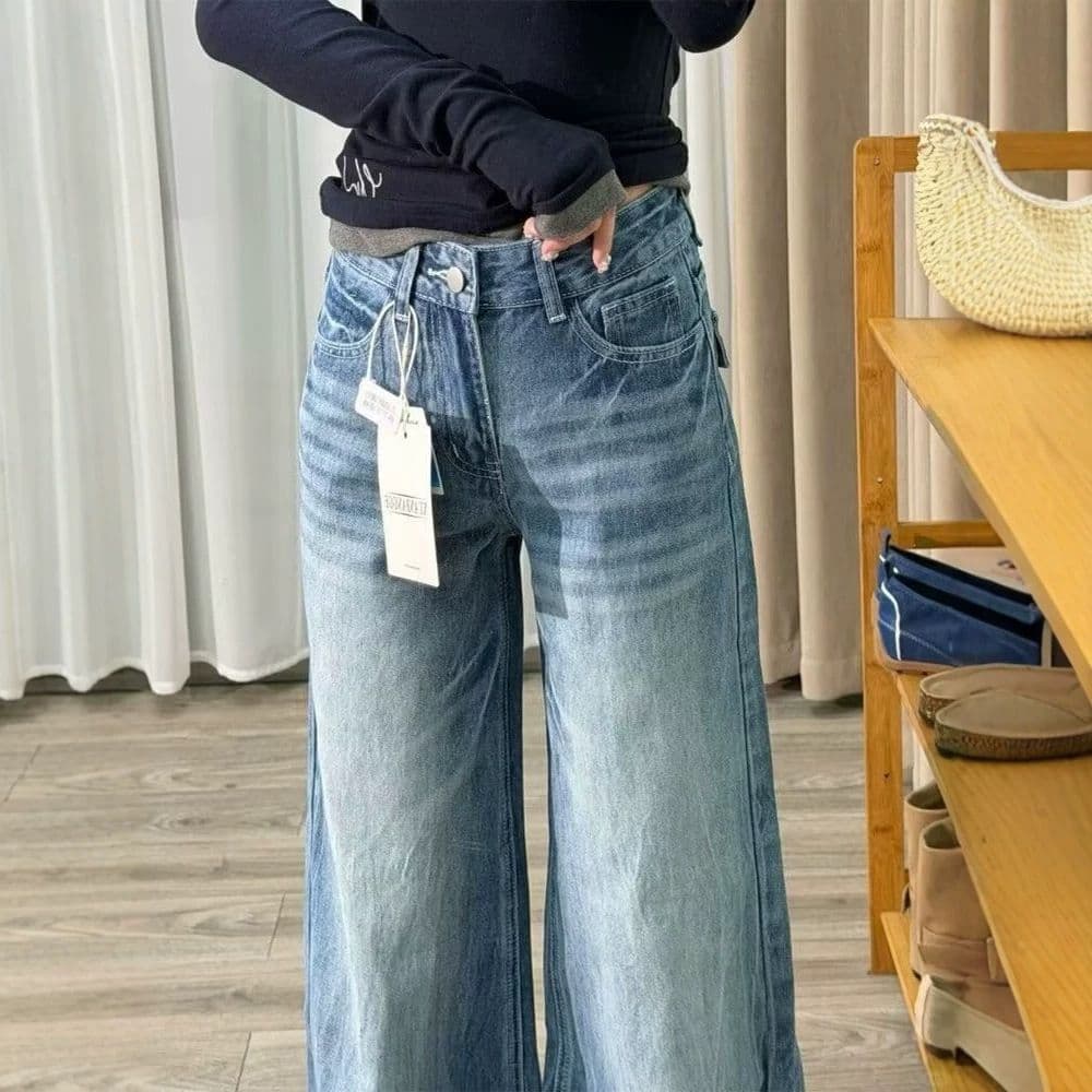 아메리칸 레트로 아니요 막대기 다리 부츠컷 넓은 다리 청바지 여성 봄 새로운 핫걸 워싱 다용도 스트레이트 바닥 청소 바지 이미지 3