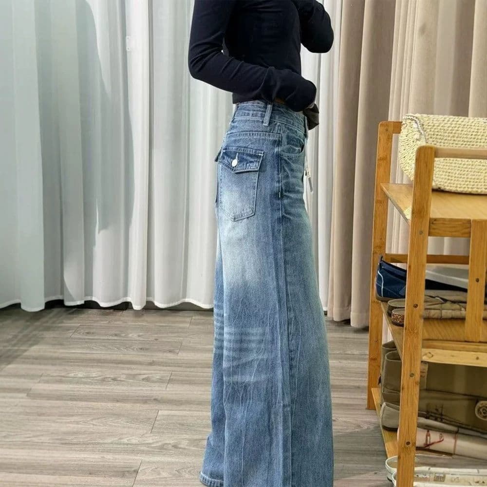 아메리칸 레트로 아니요 막대기 다리 부츠컷 넓은 다리 청바지 여성 봄 새로운 핫걸 워싱 다용도 스트레이트 바닥 청소 바지 이미지 2