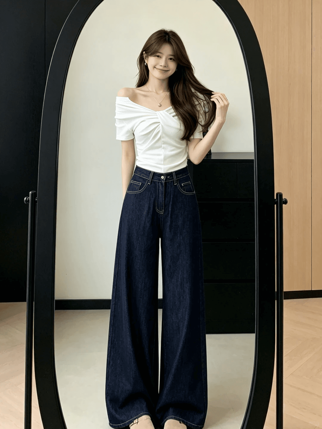 레트로 워싱 하이웨이스트 넓은 다리 청바지 여성 가을 새로운 루즈핏 슬림해 보이는 스트레이트 다용도 도루 센스 바닥 청소 바지 상세 이미지 5