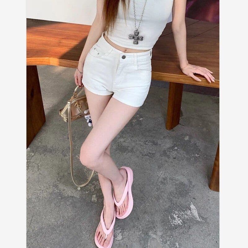 아메리칸 높음 거리 화이트 스트레이트 데님 반바지 여성 여름 하이웨이스트 몸매 가꾸기 슬림해 보이는 타이트 스커트 핫 바지 상세 이미지 5