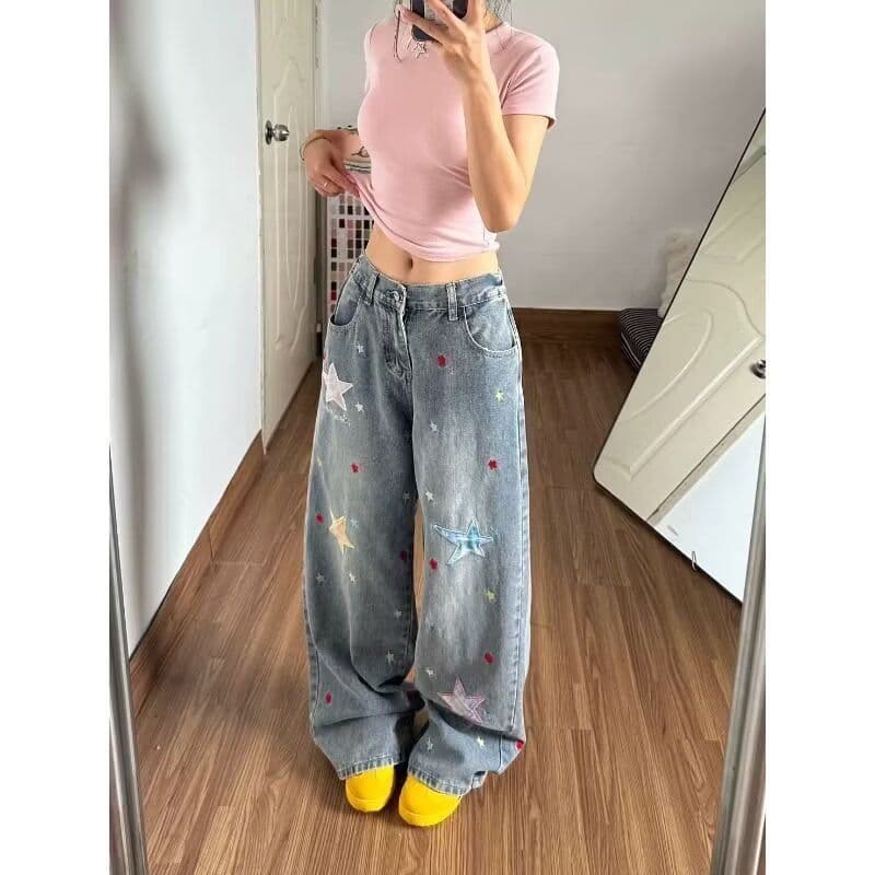 별 패턴 패치 청바지 여성 봄 가을 새로운 루즈핏 스트레이트 다용도 슬림해 보이는 넓은 다리 길이 바지 트렌디 상세 이미지 5
