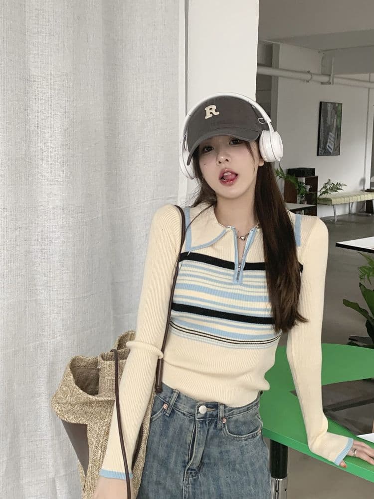 배색 스트라이프 POLO 칼라 긴팔 니트 스웨터 스웨터 여자 가을 작은 대중 쇼트 스타일 chic 몸매 가꾸기 맨위 이미지 3