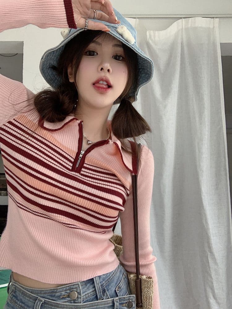배색 스트라이프 POLO 칼라 긴팔 니트 스웨터 스웨터 여자 가을 작은 대중 쇼트 스타일 chic 몸매 가꾸기 맨위 이미지 2