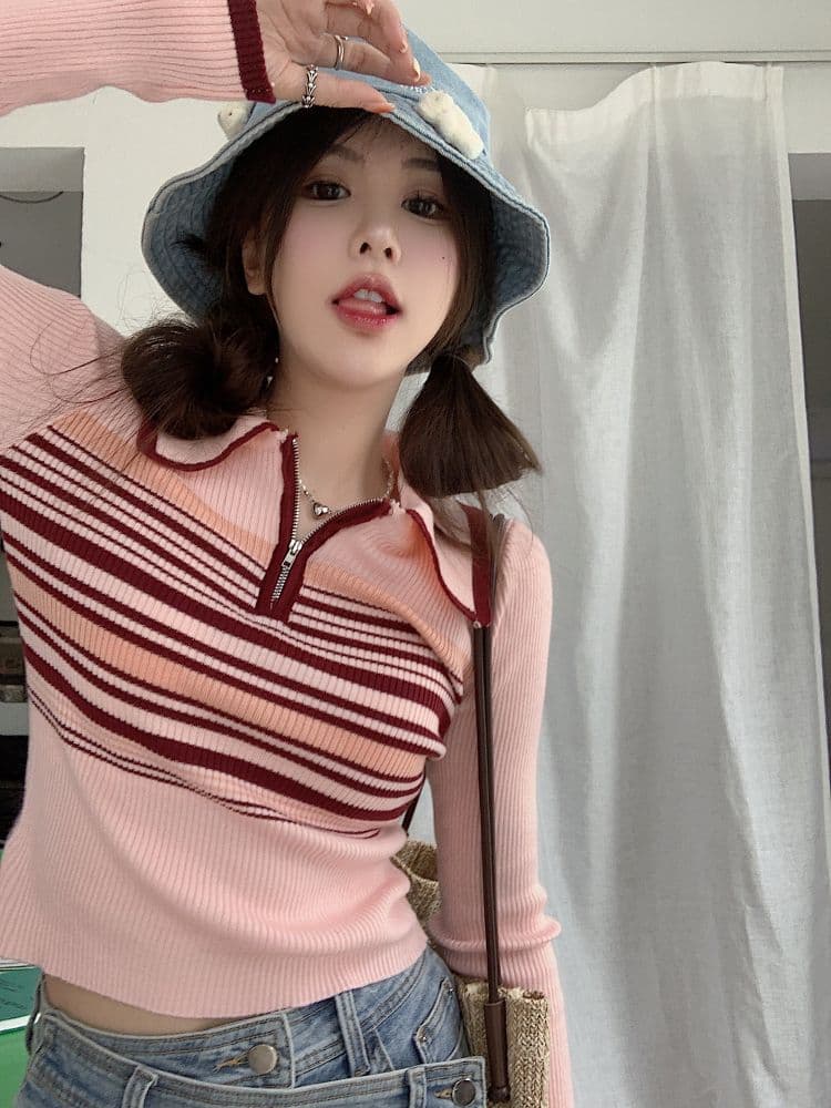 배색 스트라이프 POLO 칼라 긴팔 니트 스웨터 스웨터 여자 가을 작은 대중 쇼트 스타일 chic 몸매 가꾸기 맨위 상세 이미지 8