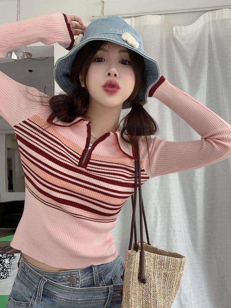 배색 스트라이프 POLO 칼라 긴팔 니트 스웨터 스웨터 여자 가을 작은 대중 쇼트 스타일 chic 몸매 가꾸기 맨위 상세 이미지 9